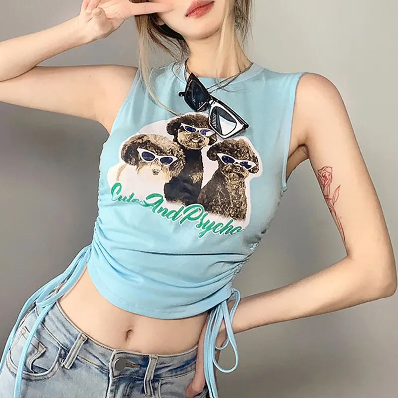 Wjczt Tee Tanks Tops Womens Handsome Cool Dog Animal Printed Sleeveless T-shirt Short O-neck Pleated Drawstring Vest Pullover