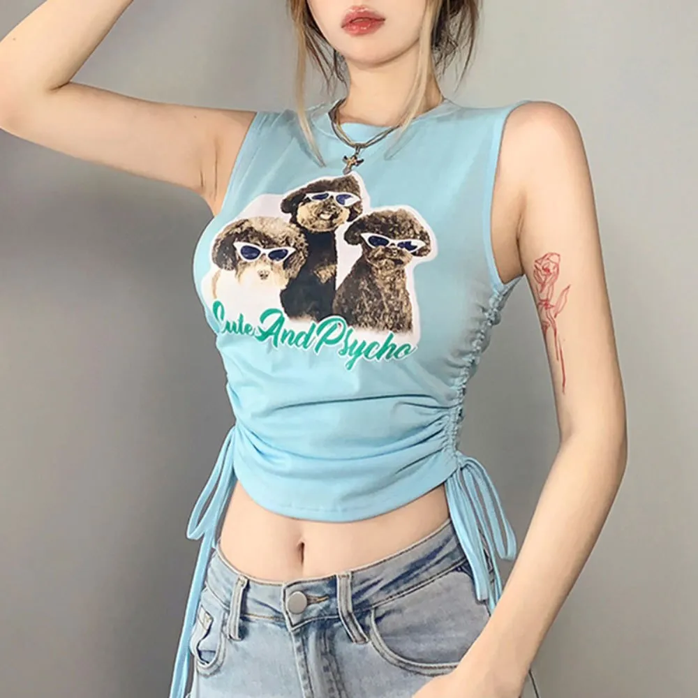 Wjczt Tee Tanks Tops Womens Handsome Cool Dog Animal Printed Sleeveless T-shirt Short O-neck Pleated Drawstring Vest Pullover