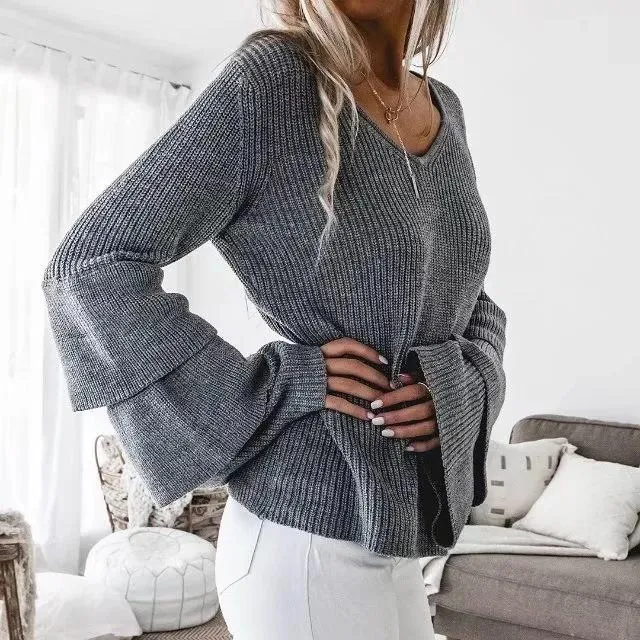 Women Bell Sleeves Fall Knitted Sweaters