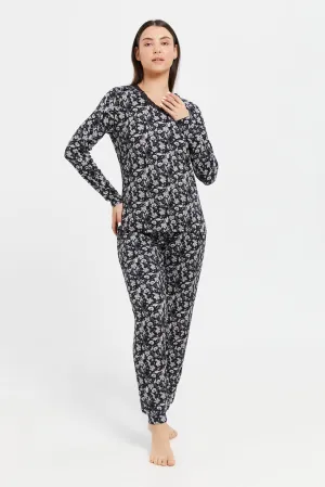 Women Black Printed Long Sleeve Pyjama Set (2 Piec)