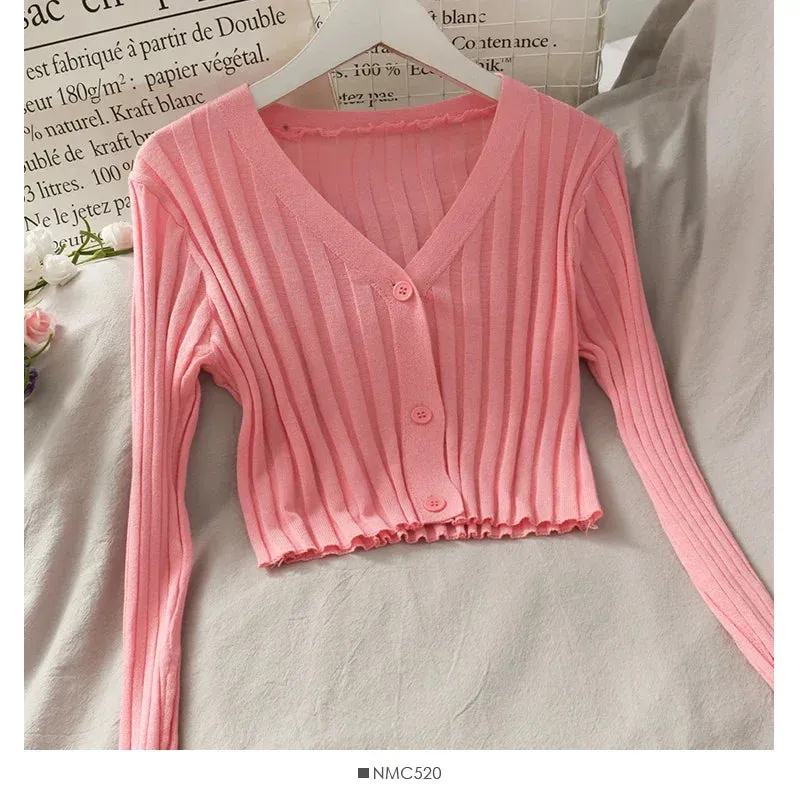 Women Fall Buttons Up Cardigan Shirt Acrylic Long Sleeve V-Neck Slim Cropped Knitwear Ribbed Knit Thin Solid Stretch Top Winter