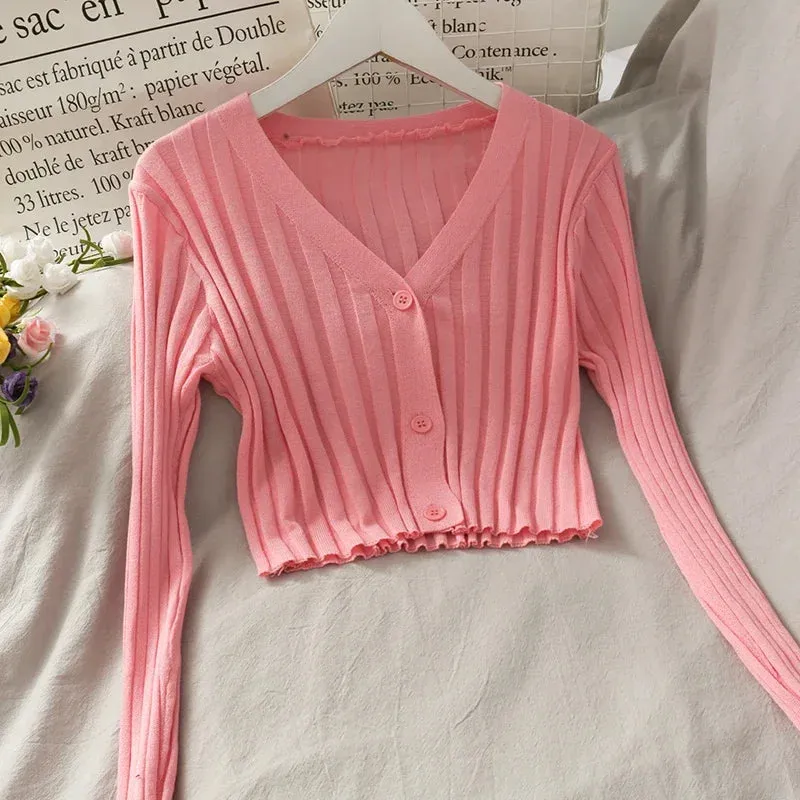 Women Fall Buttons Up Cardigan Shirt Acrylic Long Sleeve V-Neck Slim Cropped Knitwear Ribbed Knit Thin Solid Stretch Top Winter