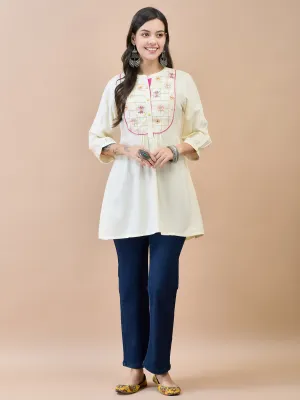 Women Liva (Rayon) Off White Embroidered Tunic