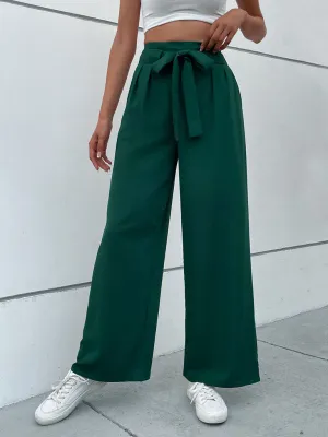 Women's Dark Green Tie Waist Wide Leg Trousers